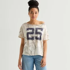 Arizona Womens Juniors Asymmetrical Neck Short Sleeve Regular Fit Graphic T-Shirt