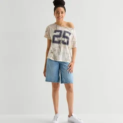 Arizona Womens Juniors Asymmetrical Neck Short Sleeve Regular Fit Graphic T-Shirt