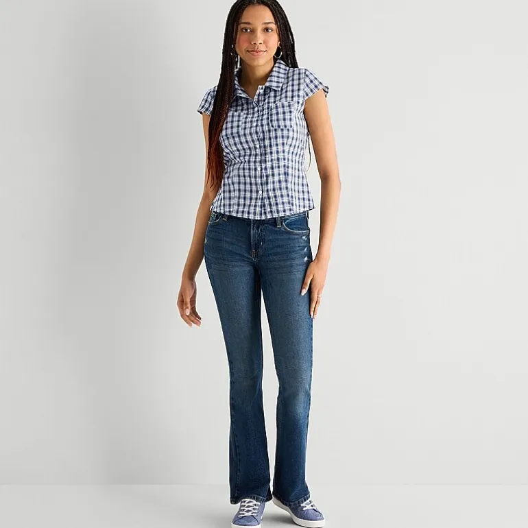 Arizona Womens Juniors Cap Short Sleeve Regular Fit Button-Down Shirt