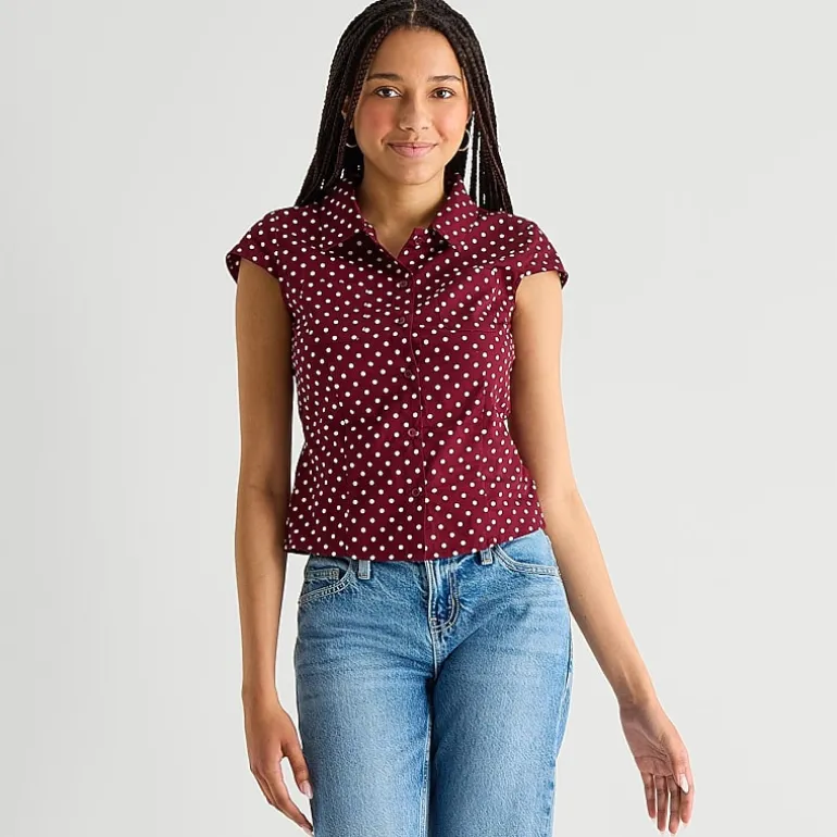 Arizona Womens Juniors Cap Short Sleeve Regular Fit Button-Down Shirt
