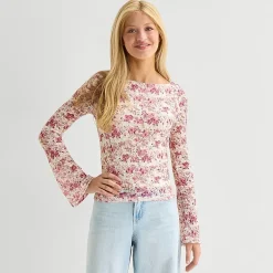 Arizona Womens Juniors Crew Neck Long Sleeve Lace Blouse