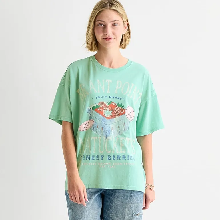 Arizona Womens Juniors Crew Neck Short Sleeve Oversized Graphic T-Shirt