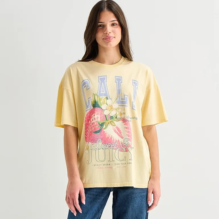 Arizona Womens Juniors Crew Neck Short Sleeve Oversized Graphic T-Shirt