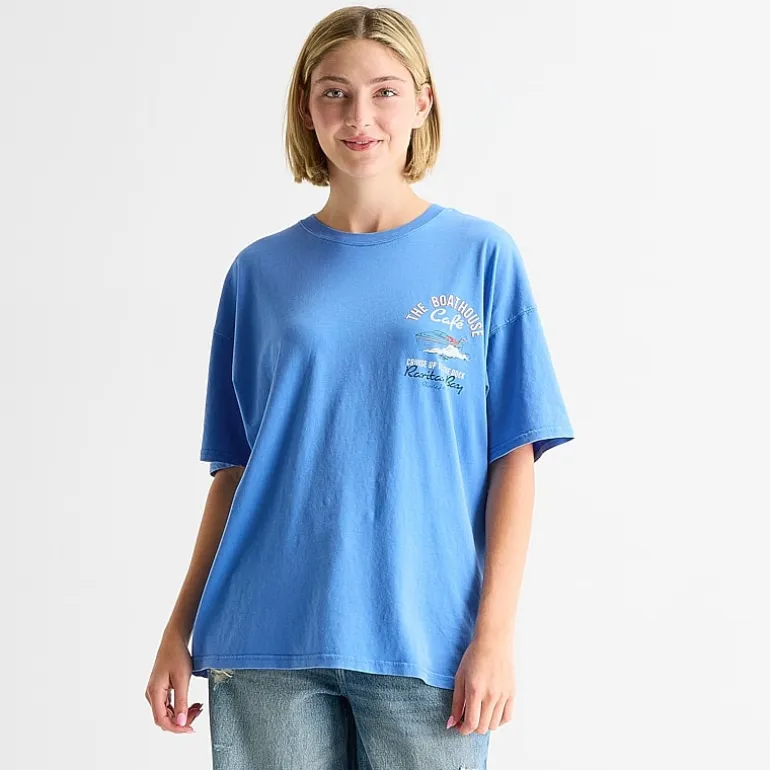 Arizona Womens Juniors Crew Neck Short Sleeve Oversized Graphic T-Shirt