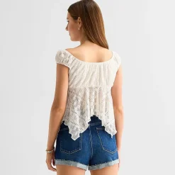 Arizona Womens Juniors Crew Neck Short Sleeve Peasant Top