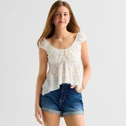 Arizona Womens Juniors Crew Neck Short Sleeve Peasant Top