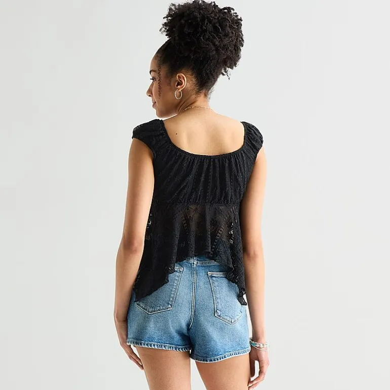 Arizona Womens Juniors Crew Neck Short Sleeve Peasant Top