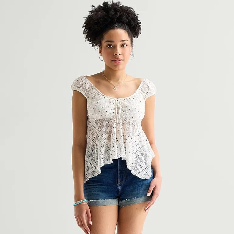 Arizona Womens Juniors Crew Neck Short Sleeve Peasant Top
