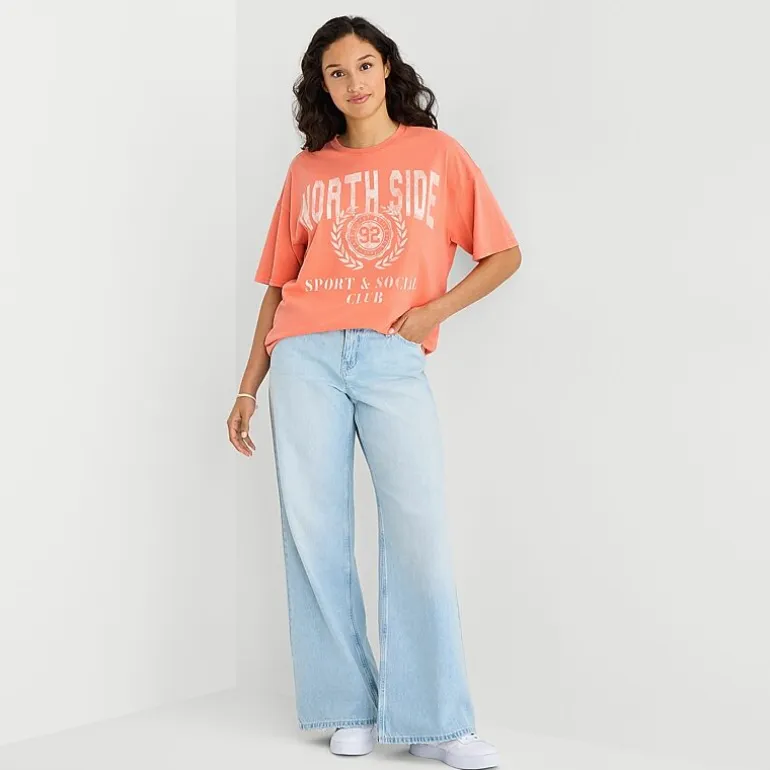 Arizona Womens Juniors Round Neck Short Sleeve Oversized Graphic T-Shirt