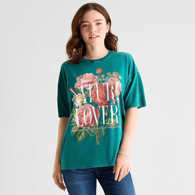 Arizona Womens Juniors Round Neck Short Sleeve Oversized Graphic T-Shirt