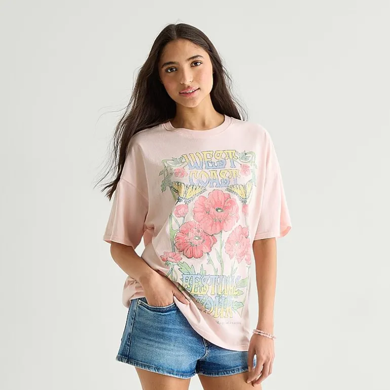 Arizona Womens Juniors Round Neck Short Sleeve Oversized Graphic T-Shirt