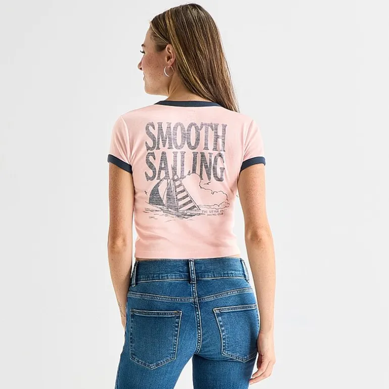 Arizona Womens Juniors Round Neck Short Sleeve Loose Fit Graphic T-Shirt