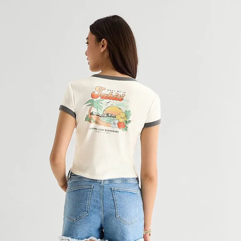 Arizona Womens Juniors Round Neck Short Sleeve Regular Fit Graphic T-Shirt