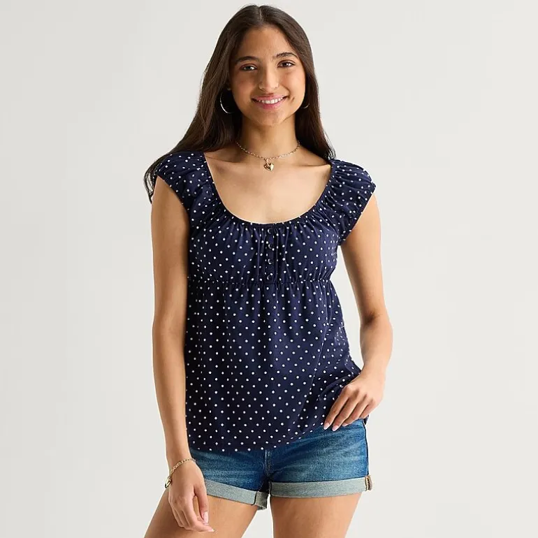 Arizona Womens Juniors Scoop Neck Short Sleeve Babydoll Top