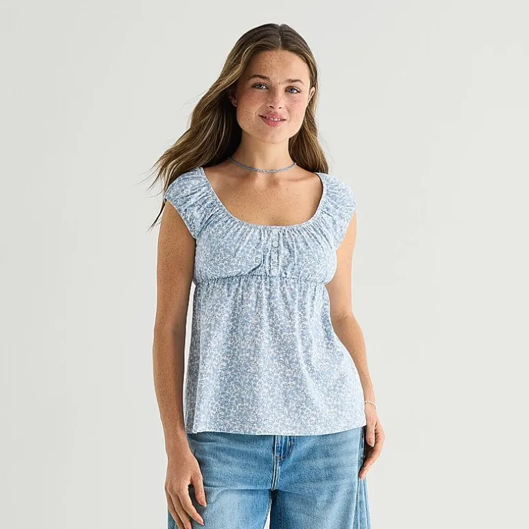 Arizona Womens Juniors Scoop Neck Short Sleeve Babydoll Top