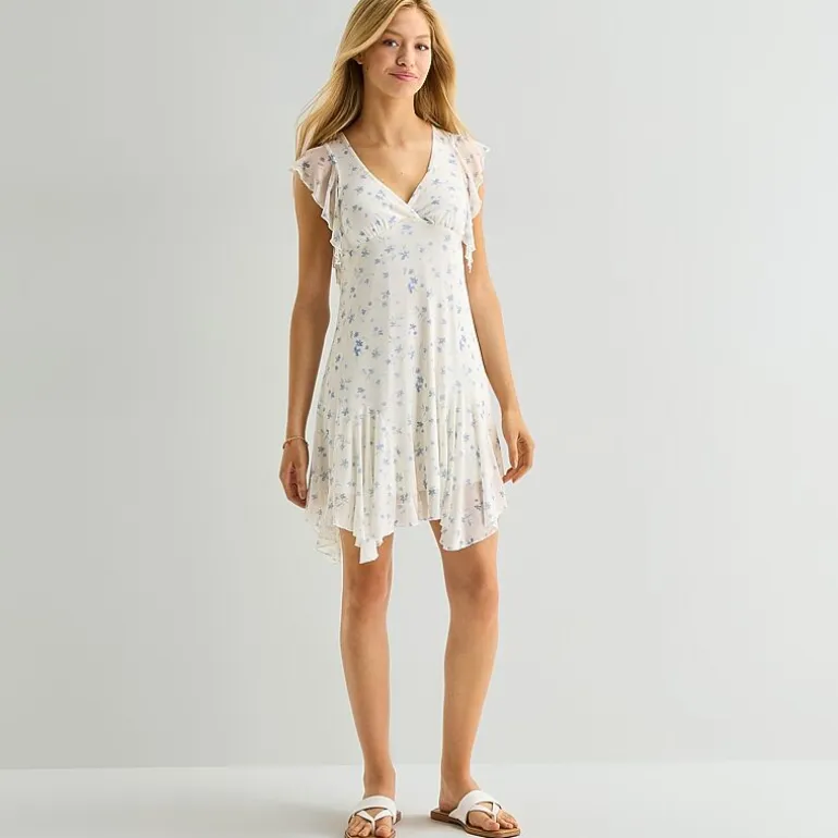 Arizona Womens Juniors V Neck Short Sleeve Babydoll Dress