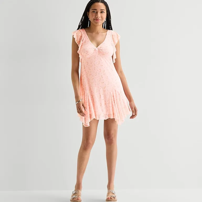 Arizona Womens Juniors V Neck Short Sleeve Babydoll Dress