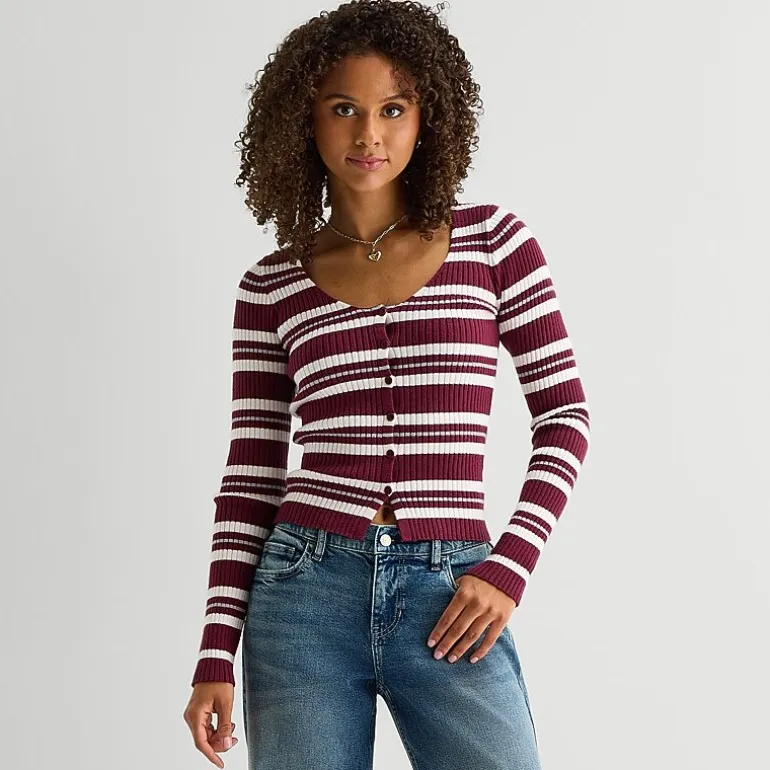Arizona Womens Juniors V Neck Long Sleeve Button Cardigan