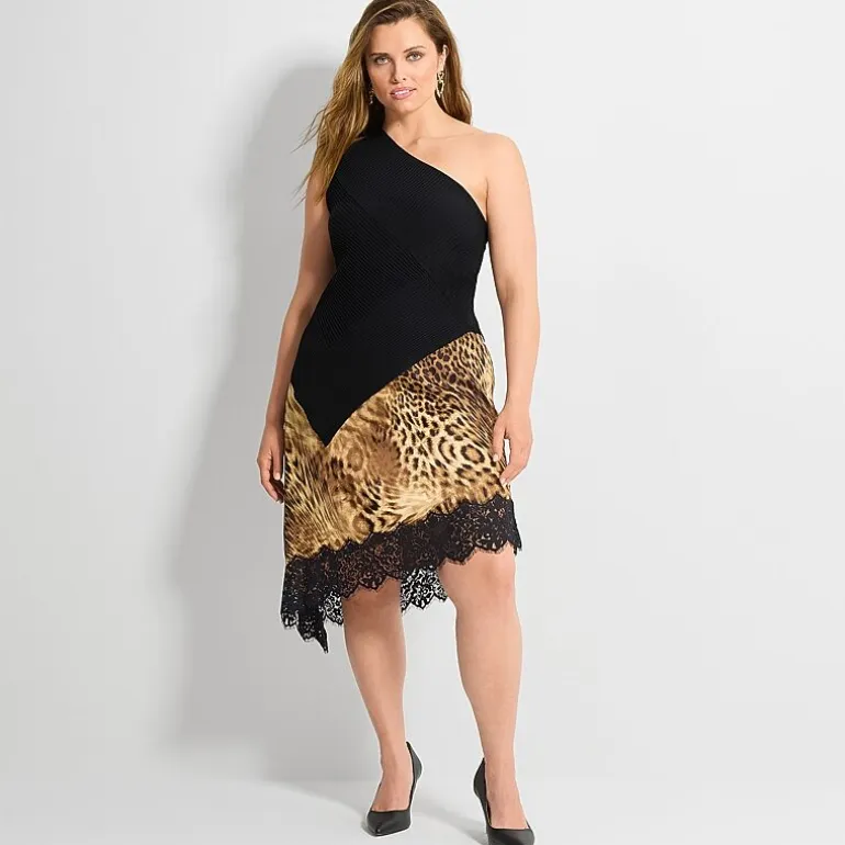 Ashley Graham Womens Plus Asymmetric Lace Trimmed Slip Skirt