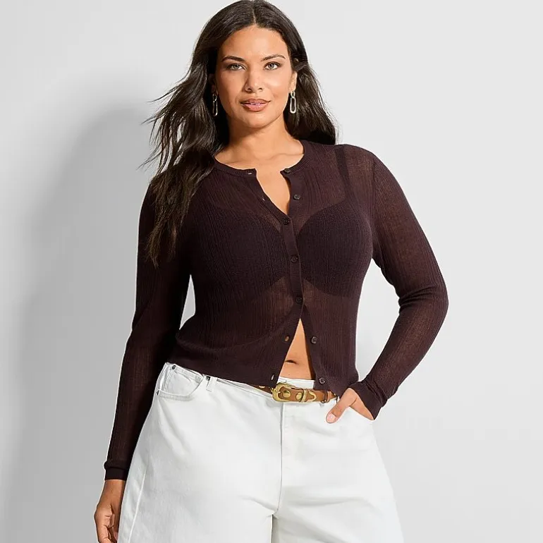 Ashley Graham Womens Plus Crew Neck Long Sleeve Cardigan