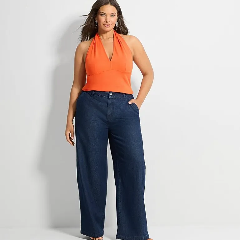 Ashley Graham Womens Plus Halter Neck Sleeveless Blouse