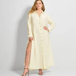 Ashley Graham Womens Plus Long Sleeve Button Front Maxi Shirt Dress
