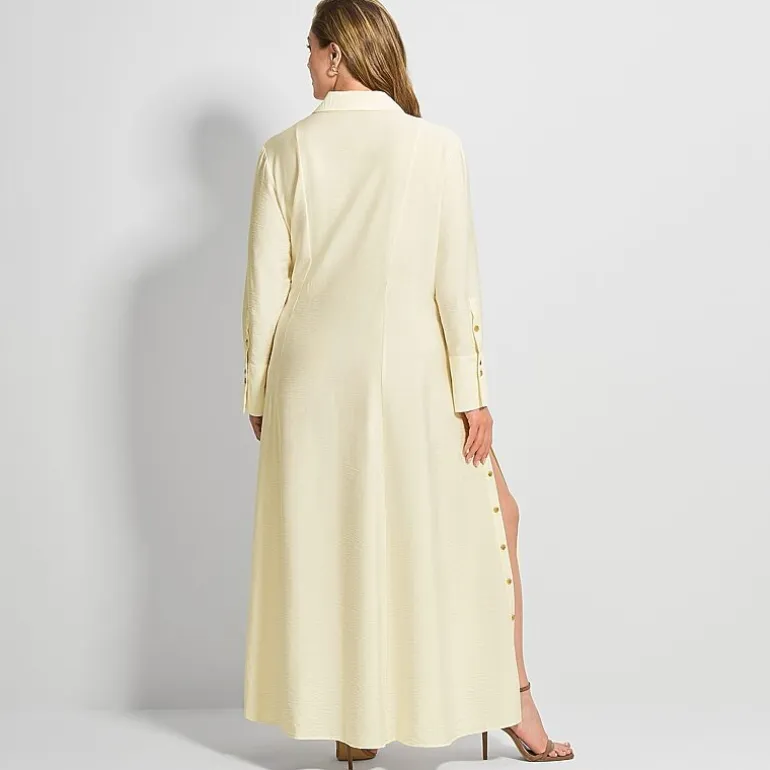 Ashley Graham Womens Plus Long Sleeve Button Front Maxi Shirt Dress