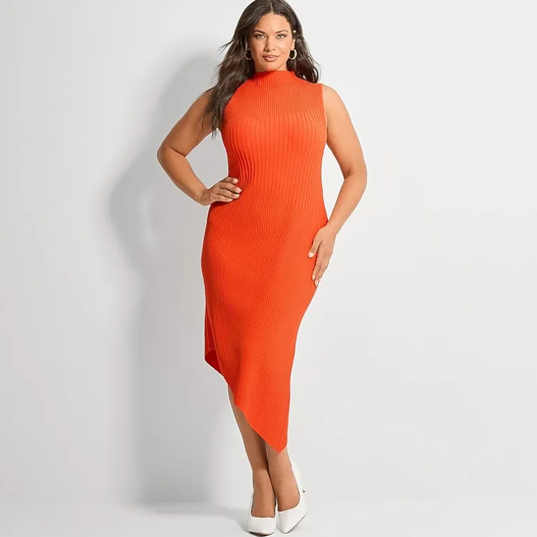Ashley Graham Womens Plus Sleeveless High-Low Sweater Dress