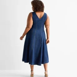 Ashley Graham Womens Plus V Neck Sleeveless A-Line Dress