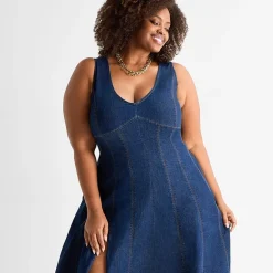 Ashley Graham Womens Plus V Neck Sleeveless A-Line Dress