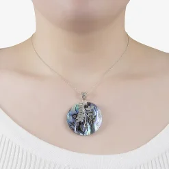 Bali Inspired Womens Abalone Sterling Silver Round 16 Inch Pendant Necklace