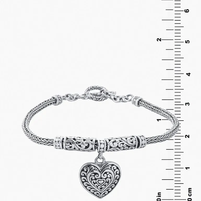 Bali Inspired Womens Sterling Silver Heart Charm Bracelet