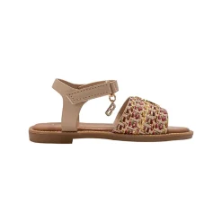 bebe Girl's Fashion Sandals - Dressy Shoes with Raffia Upper and Logo Medallion Accent