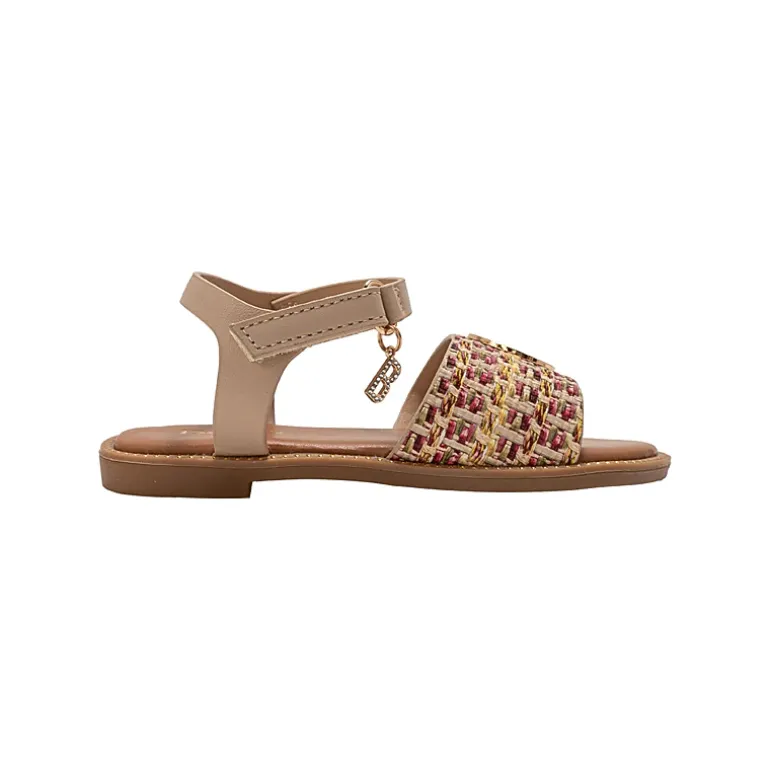 bebe Girl's Fashion Sandals - Dressy Shoes with Raffia Upper and Logo Medallion Accent