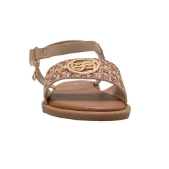 bebe Girl's Fashion Sandals - Dressy Shoes with Raffia Upper and Logo Medallion Accent