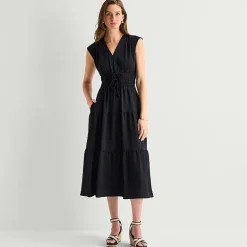 Be by CHETTA B Womens Midi V Neck Short Sleeve Fit + Flare Dress