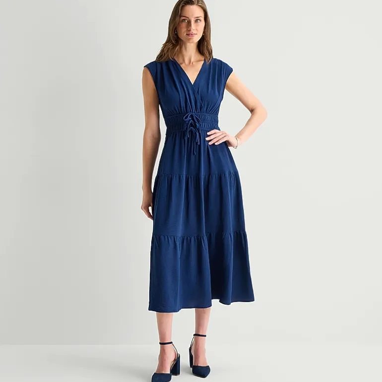 Be by CHETTA B Womens Midi V Neck Short Sleeve Fit + Flare Dress