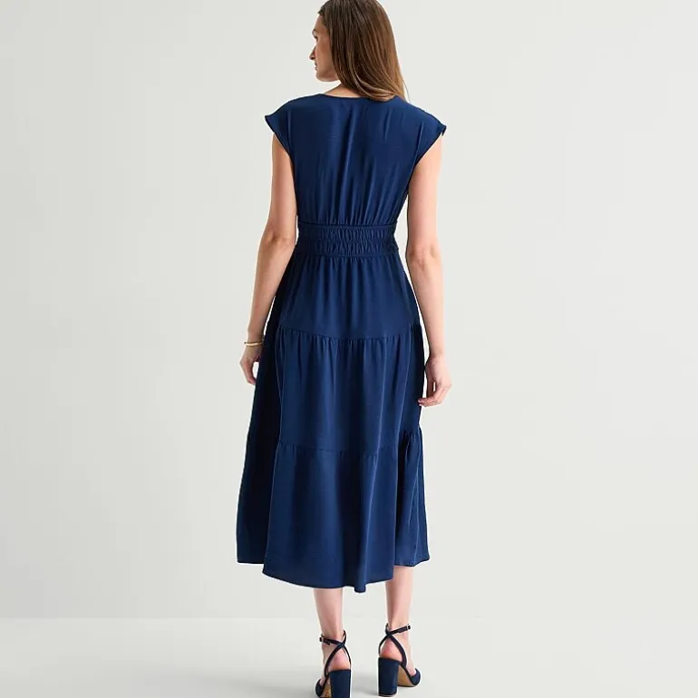 Be by CHETTA B Womens Midi V Neck Short Sleeve Fit + Flare Dress