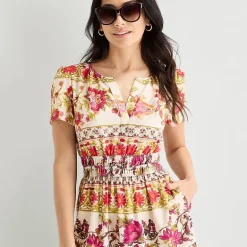 Be by CHETTA B Womens Notch Neck Short Sleeve Fitted Floral Fit + Flare Dress
