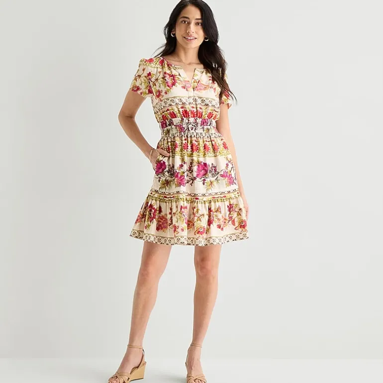 Be by CHETTA B Womens Notch Neck Short Sleeve Fitted Floral Fit + Flare Dress
