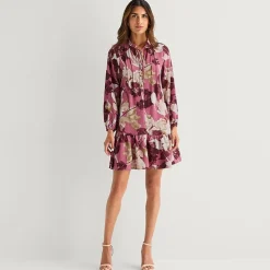 Be by CHETTA B Womens Split Tie Neck Long Sleeve Floral Shift Dress