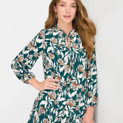 Be by CHETTA B Womens Split Tie Neck Long Sleeve Floral Shift Dress
