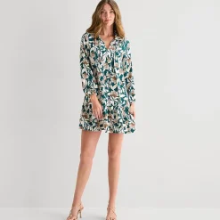 Be by CHETTA B Womens Split Tie Neck Long Sleeve Floral Shift Dress