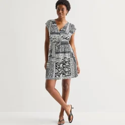 Be by CHETTA B Womens V Neck Short Sleeve Patchwork Fit + Flare Dress