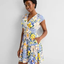 Be by CHETTA B Womens V Neck Sleeveless Drop Shoulder Floral Fit + Flare Dress