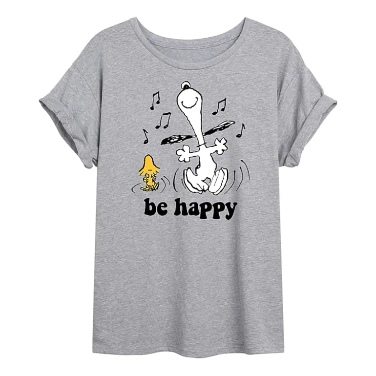 Be Happy Womens Juniors Crew Neck Short Sleeve Oversized Peanuts Snoopy Graphic T-Shirt