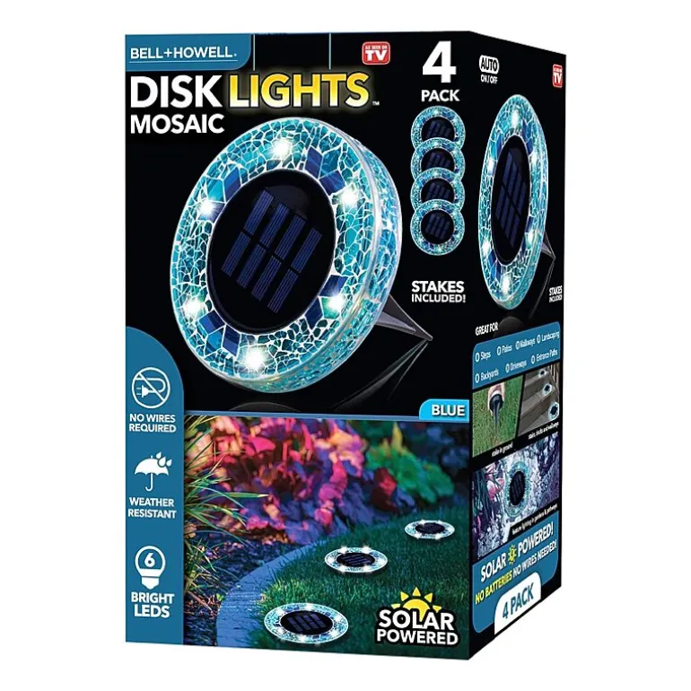 Bell + Howell Solar Powered Mosaic Disk Light with Auto On/Off Lighting and Weatherproof - 4 Pack