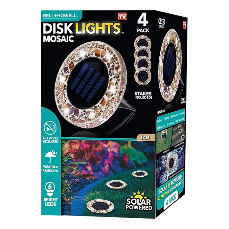 Bell + Howell Solar Powered Mosaic Disk Light with Auto On/Off Lighting and Weatherproof - 4 Pack