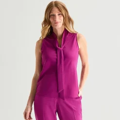 Black Label by Evan-Picone Womens Split Tie Neck Sleeveless Blouse