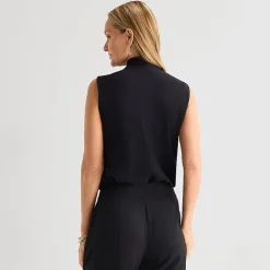 Black Label by Evan-Picone Womens Split Tie Neck Sleeveless Blouse